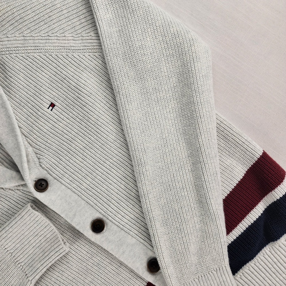 Tommy Hilfiger Cardigan Men Medium Gray Striped Shawl Collar 100% Cotton preppy - Picture 4 of 13